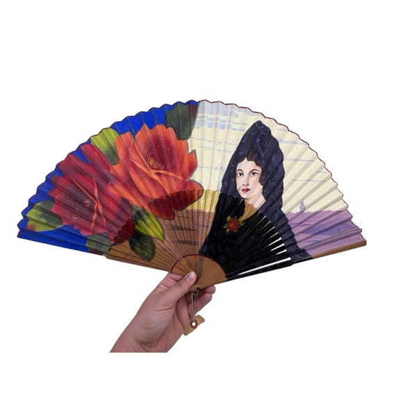 Antique Spanish Hand Painted Wood- Paper Hand Folding Fan main image 6